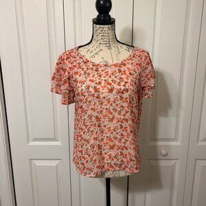 Womens Large Pink Floral Blouse Flutter Sleeve Lightweight Cottagecore Top
